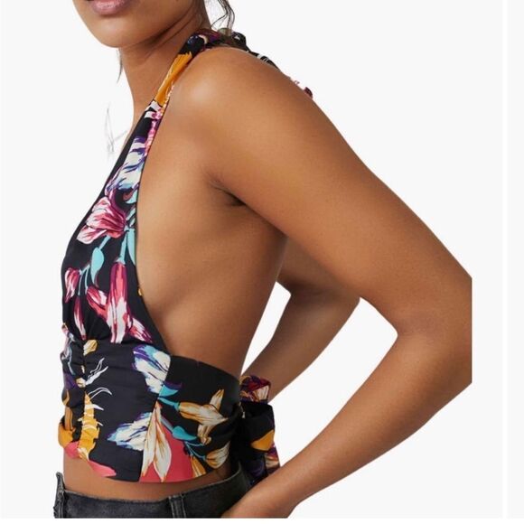 Free People NWT Seraphina Crop Top Halter in Black Combo Size Small - Picture 3 of 6